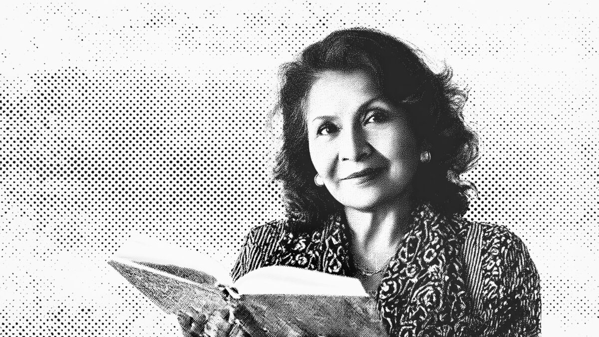 a halftone print of an older woman holding a book