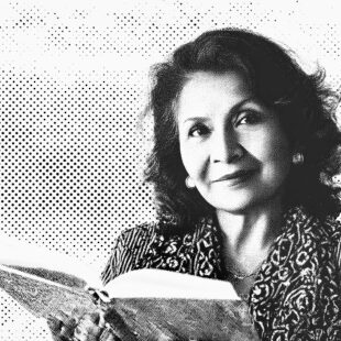 a halftone print of an older woman holding a book