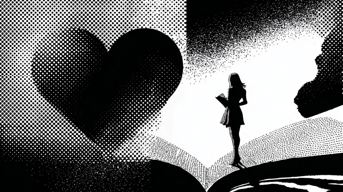 Black and white halftone illustration of a large heart on the left, a woman holding a book on the right, and an open book connecting them in the center.
