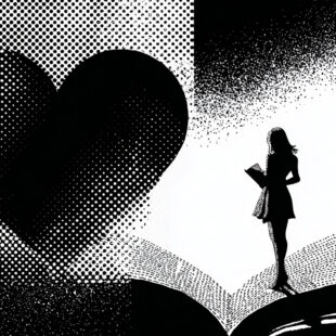 Black and white halftone illustration of a large heart on the left, a woman holding a book on the right, and an open book connecting them in the center.
