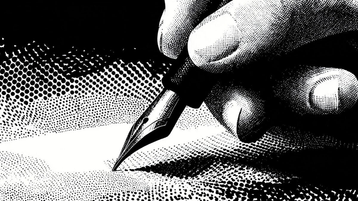 black and white halftone comic style close-up of a hand holding a fountain pen writing on paper