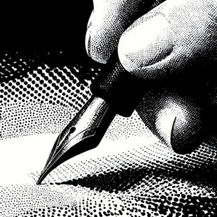 black and white halftone comic style close-up of a hand holding a fountain pen writing on paper
