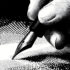 black and white halftone comic style close-up of a hand holding a fountain pen writing on paper
