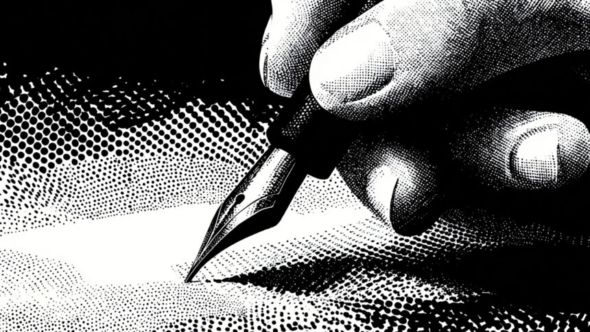 feat-writing black and white halftone comic style close-up of a hand holding a fountain pen writing on paper