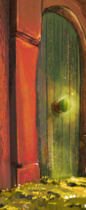 Illustration from The Hallway of Doorknobs showing a tall green wooden door with a small green cactus doorknob glowing with warm golden light, set in a red archway with yellow moss and small white flowers at the floor.