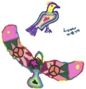 Lynn's bird drawing from Draw a Bird Day 2014, a small colorful bird with a heart on its chest, drawn in marker and signed "Lynn 4-8-14." Ashley's bird drawing from Draw a Bird Day 2014, a bold bird with wings spread wide, filled with peace signs, stars, and bright colors in marker.