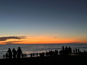 Silhouettes of a crowd gathered on the beach at sunset, watching the sea turtle hatchling release at Tortugueros Las Playitas in Todos Santos, Mexico.