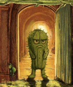 An illustrated green cactus character with a grumpy expression standing in an arched doorway, with warm golden light glowing from the hallway behind it and a small potted cactus visible to the left. Illustration by Justyna Nowosadko.