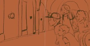 An early pencil sketch by illustrator Justyna Nowosadko for The Hallway of Doorknobs, showing a group of children gathered excitedly in the hallway, reaching toward the doors and their doorknobs.