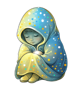 An illustrated child character curled up and wrapped in a starry blue and yellow cloak with eyes closed, hiding from the world, from The Hallway of Doorknobs by Lynn A. Haller, illustrated by Justyna Nowosadko.