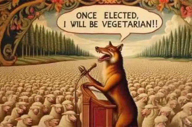 A wolf at a podium addressing a field of sheep: Once elected, I will be vegetarian!!